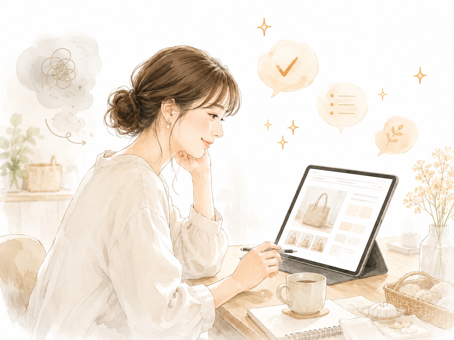 作品ページを見ながら、考えが整理されて前向きになっているハンドメイド作家のイラスト